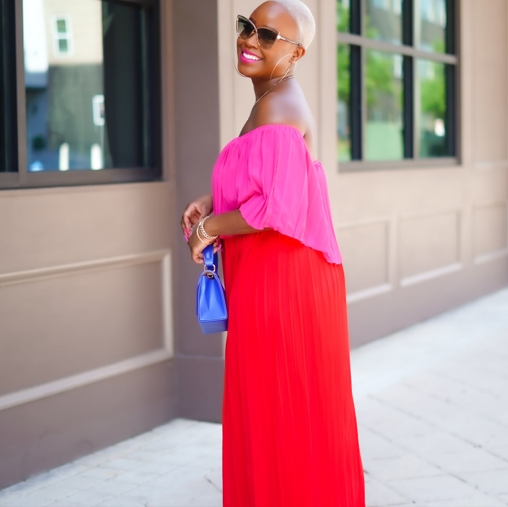 Magenta Rose Pleated Off Shoulder Maxi Dress